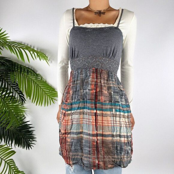 Vintage Y2K Gray Plaid Cottagecore Indie Sleaze Hipster Mini Dress Top / S - Picture 3 of 9
